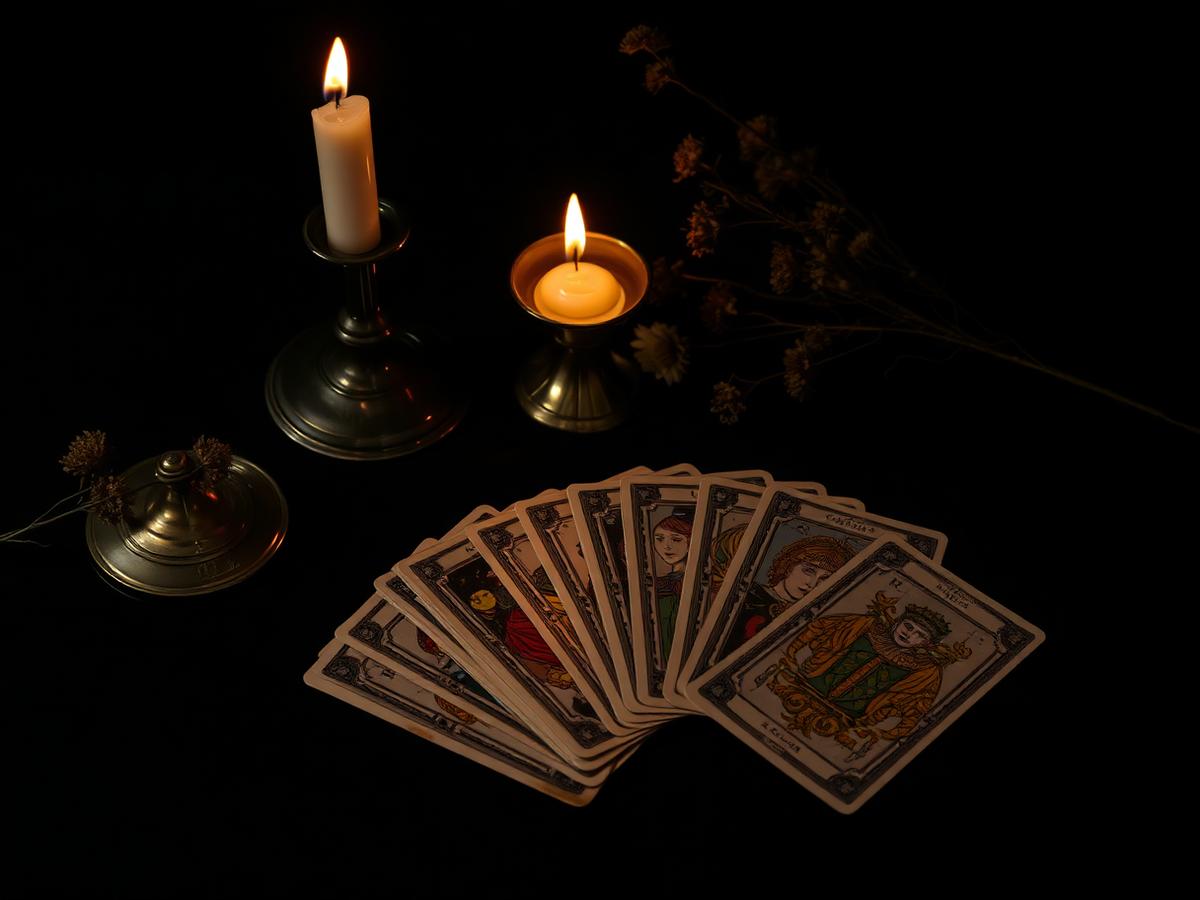 Tarot cards fanned on black velvet beside candlelight